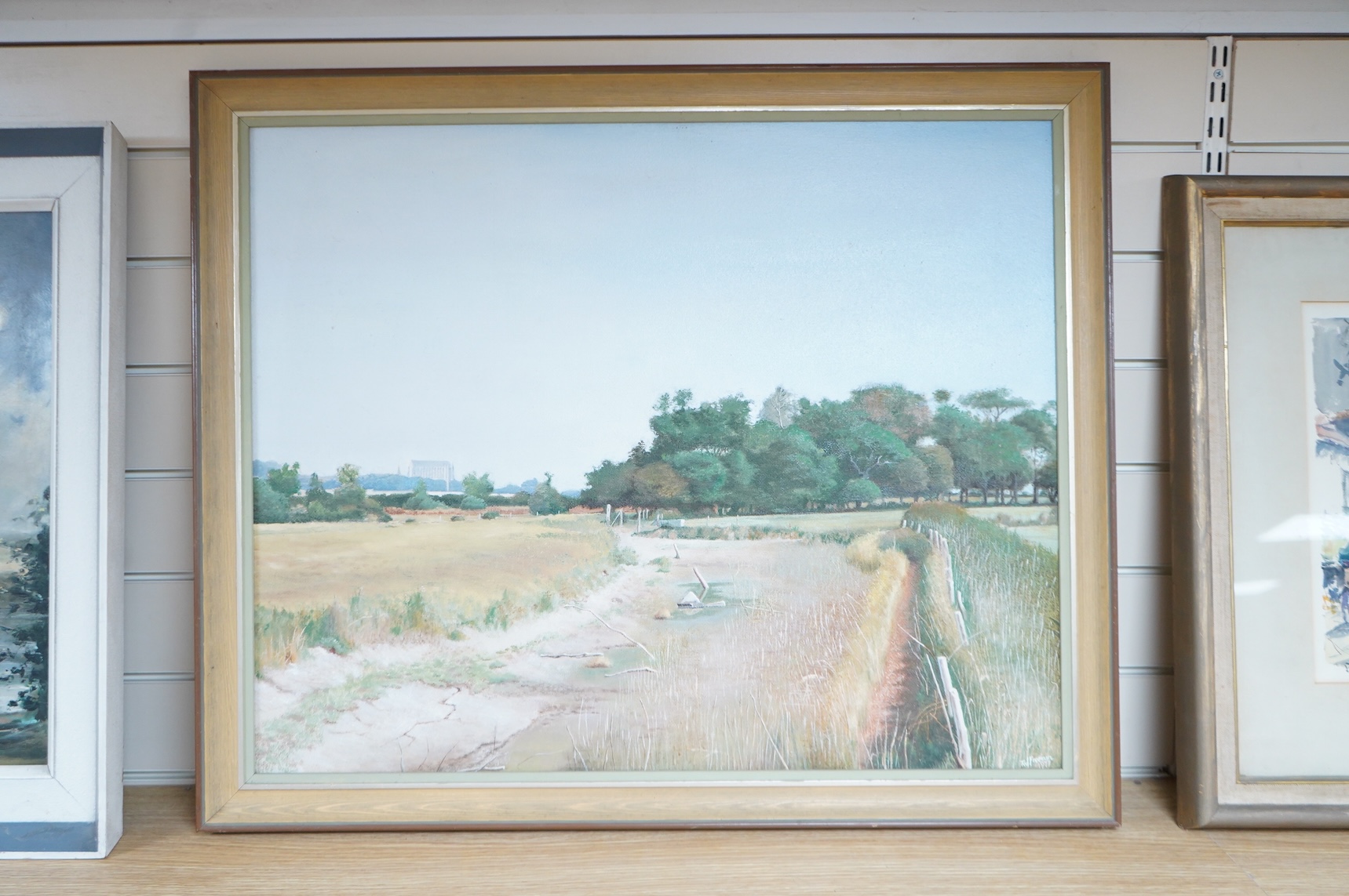 Ted Freeman (20th. C), 'Lancing Summer 1976', signed and dated 1977, oil on canvas board, details verso, 58 x 72cm